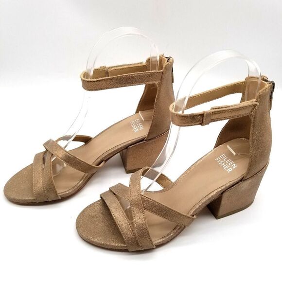 Eileen Fisher Women Block Heel Strappy Sandals Size 5  Metallic Leather Zip Back - Picture 1 of 6